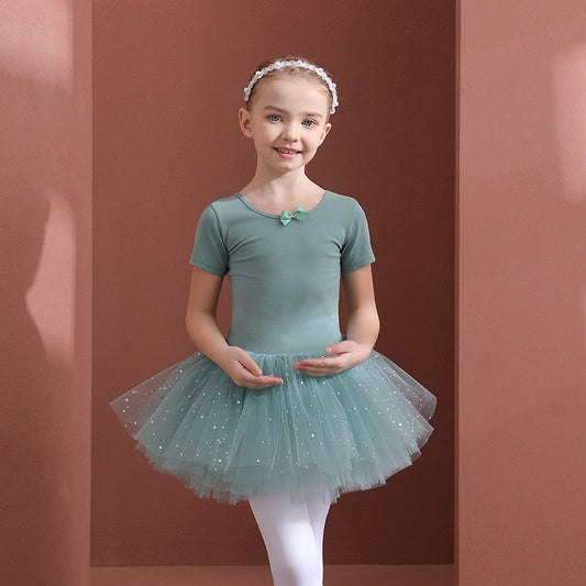 kid's dance costumes short-sleeved green girls' leotards Pure cotton sequined 4-layer chiffon tutu skirt gymnastics clothing