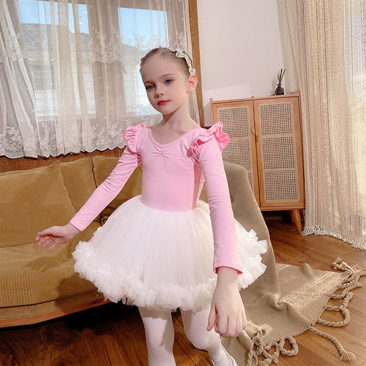 Flutter Sleeve girls Ballet Leotards with white gauze Skirt Detachable Dance Performance Clothing long/short sleve