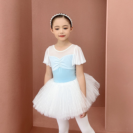 Princess Leotard Ballerinas Elegant Ruffle Short Sleeve Jumpsuit Gauze Front 2 Layers Girl Training Top Shine Sequin Tutu