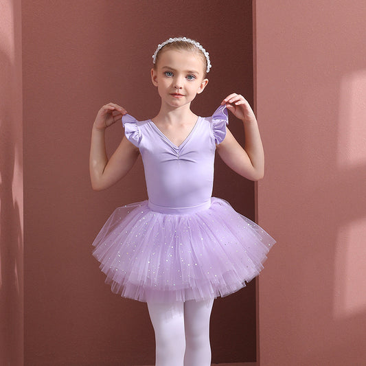 Girl Ballet Princess dress Detachable Tutu Dance Costume purple cotton Ballerina Outfit Flutter Sleeve Performance Costume