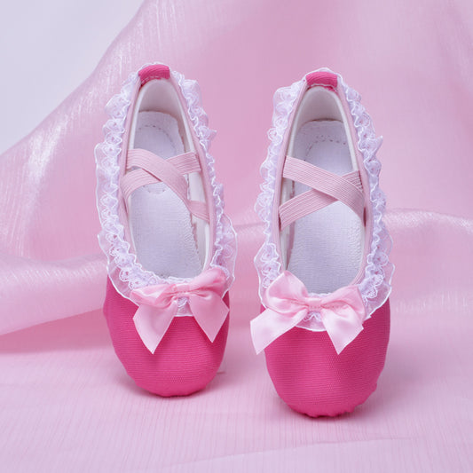 Lace trim magenta dance shoes, children's ballet shoes, baby dancing shoes, cute cat-claw shoes for stage performances