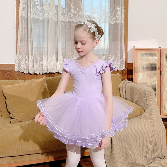 Grils Ballet Leotards with purple Skirt Detachable  Flutter Sleeve Performance  kids dance Gauze Dress Crisscross Back