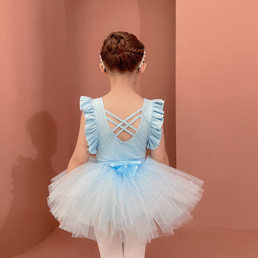 Children dance dress Wood ear blue cotton fabric Detachable Girl Ballet Leotards with tutu Skirt