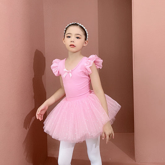 Ballet Dancewear for Girl -Tutu Dress fly Sleeve Leotard Ruffle Neck Swan Lake Party Costumes Ballerinas Pink