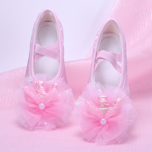 Lace flower dancing shoes, kids' pink ballet shoes, anti-slip dancing shoes, purple soft-soled performance shoes, girl's cat claw shoes