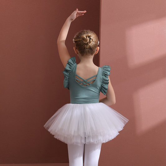 Flutter Sleeve Ballet Leotards with  4 layers of yarn Skirt kids  Detachable  Tutu Dance Costume Performance Costume