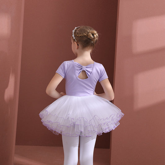 Girls Ballet Leotards with 4 layers of gauze Skirt bowknot Back Detachable Tutu Dance Costume for kids light purple