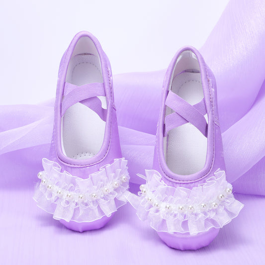 Lace ballet shoes, kids' pearl dance shoes, anti-slip soft-soled shoes, performance shoes, purple/blue padded version