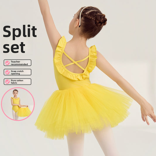 Girl Ballet Leotards with 4 layers gauze tutu Skirt  yellow kids Ballet Gauze Dress Naked back Dance Costume sleeveless